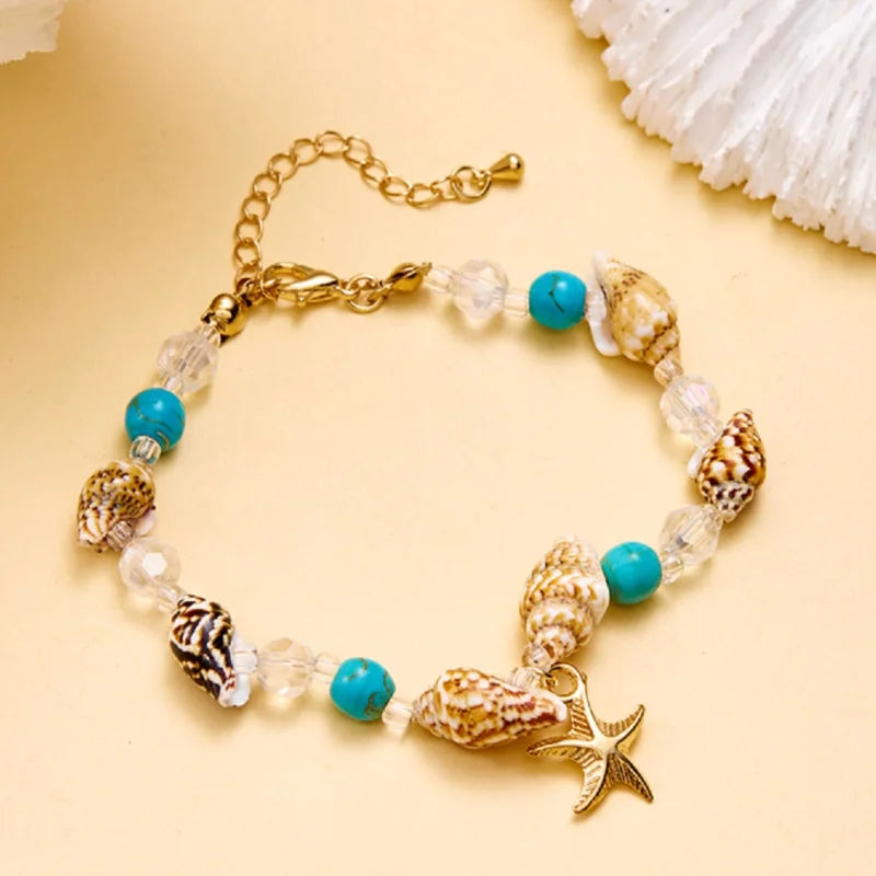 Boho Starfish Conch Bracelet Anklets for Women Cute Adjustable Shell Rice Beads Ankle Bracelets Girls Summer Foot Beach Jewelry