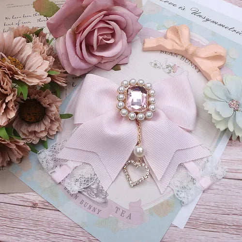 Japanese Sweet Cute Handmade Rhinestone Bow Hairpin Pearl Lace Hairclips Lolita Women Girls Side Clip Bag Pendant Handbag Charms