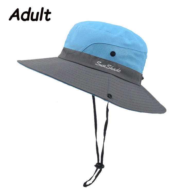 Women Summer Adjustable Bucket Hat with a Ponytail Hole Girls Sun Protection Hiking Cap Parent-child Outdoor Wide Brim Headgear