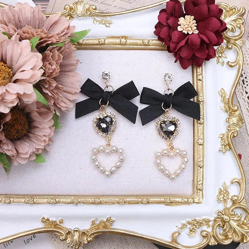 Japanese Style Lolita Sweet Bownot Rhinestone Pearl Heart Shaped Drop Earrings 925 Silver Pin Ear Clip Women Girls Earrings