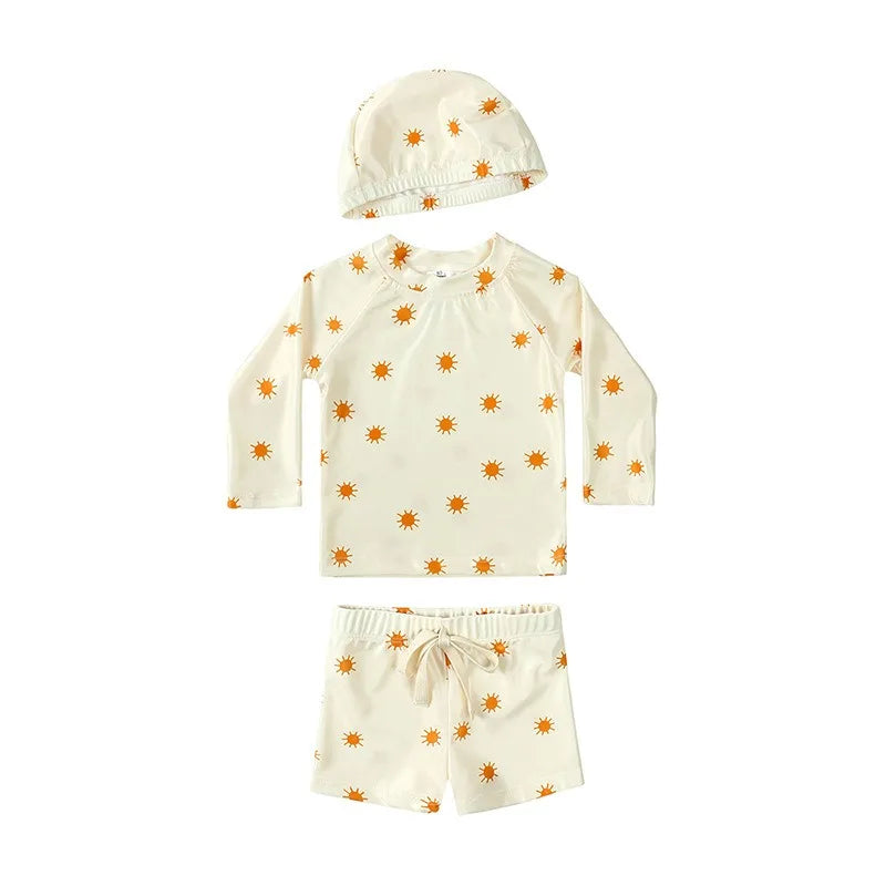 2025 Summer Kids Boy Swimsuits Sun Protection Vacation Beach Pants Long sleeve Tops with Hat Children Surfing Swim Suit 1-7T