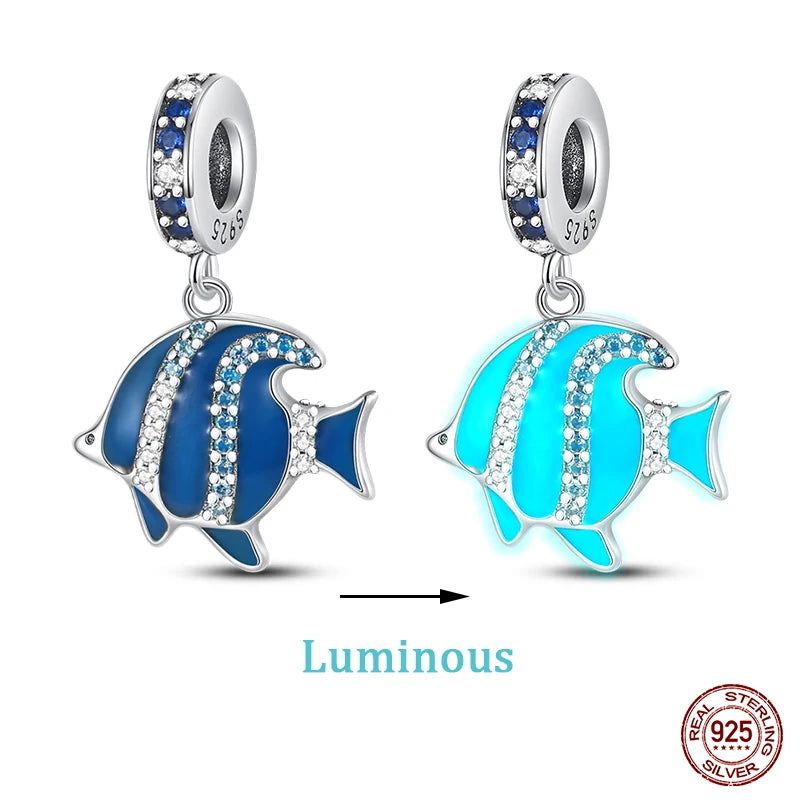 New 100% 925 Sterling Silver Ocean Luminous Sea Turtle Dolphin Octopus Charms Beads Fit Qikaola Original Bracelets DIY Jewelry