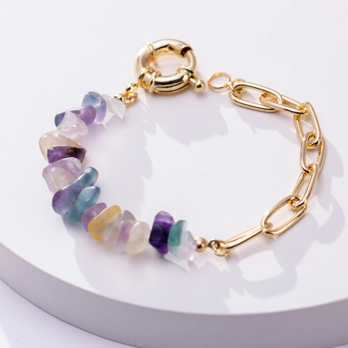 Women Fashion Half Stainless Steel Chain Half Purple Natural Crushed Stone Bracelet HD127