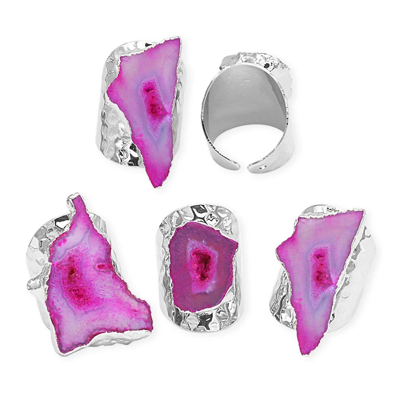 Irregular Geode Stone Agate Slices Open Ring for Women Girls Silver Color Boho Resizable Finger Jewelry