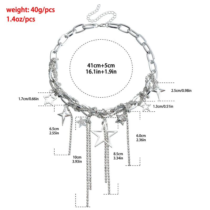 New Punk Style Necklace with Sparkling Zircon Studded Tassel Star Shaped Necklace Lightweight Luxury Necklace Jewelry Gifts