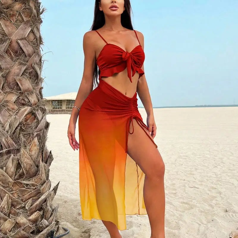 Cikini Sexy Gradient Color Three Piece Swimsuit Mesh Bikinis Set Summer Beach Swimwear Bathing Suit For Women