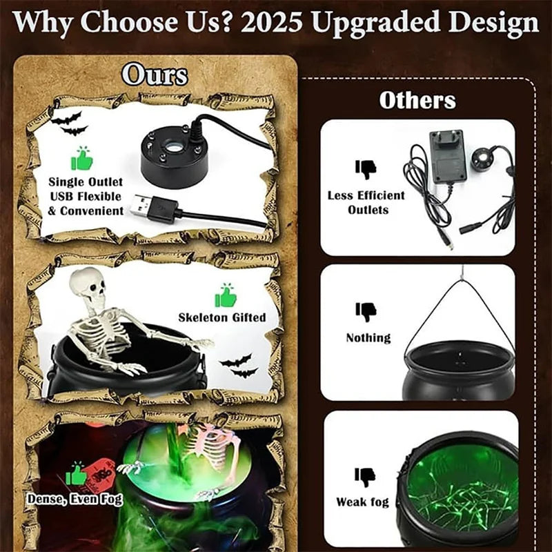 Halloween Witch Cauldron With LED Light & Fog Mist Maker Skeleton Decor for Spooky Hocus Pocus Party, Home, Halloween Party