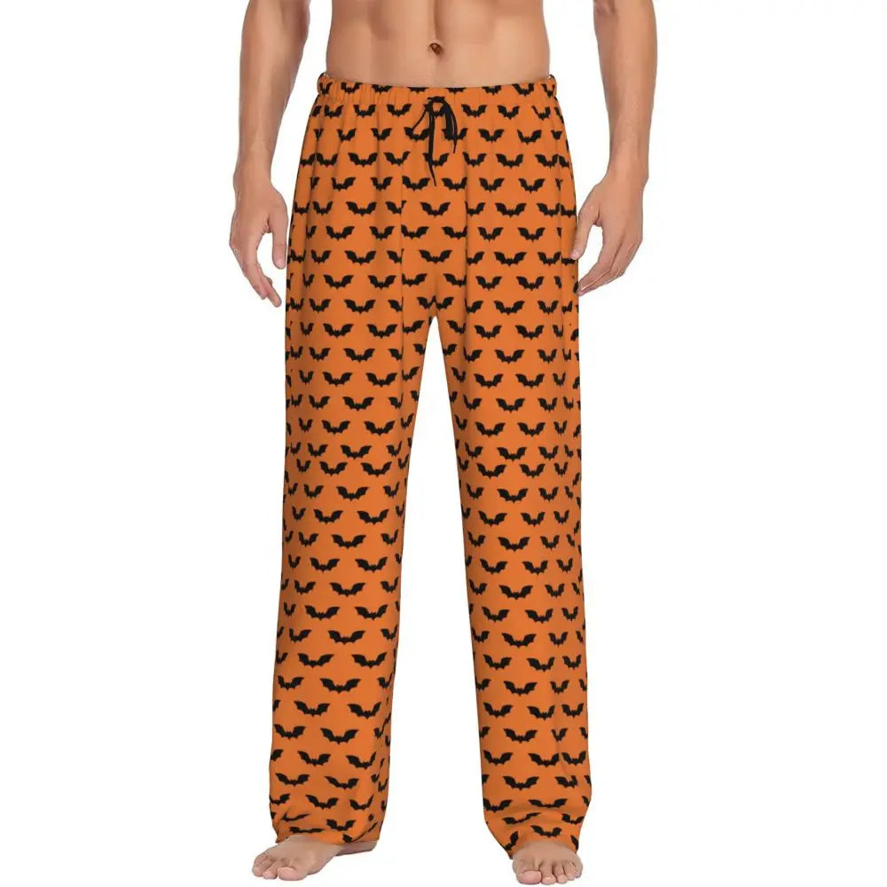 Custom Cute Spooky Halloween Bats Black And Purple Pajama Pants for Men Lounge Sleep Drawstring Sleepwear Bottoms with Pockets
