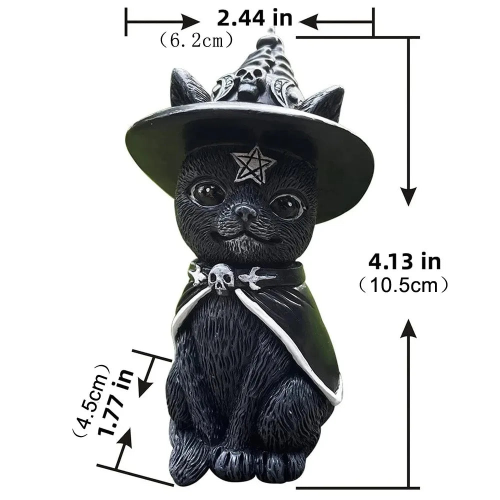 1PC Black Cat Statue Witch Gothic Decor Hand Painted Sculpture Halloween Desk Ornament Mysterious Cute Figurine Home Decor
