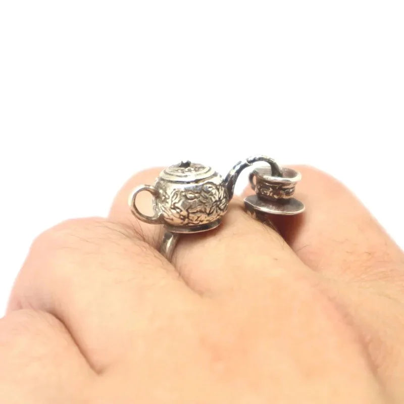 Personalised Creative Teapot Men's & Women's Tea Cup Ring Fashion Novelty Teapot Pouring Ring Holiday Party Jewelry Accessories