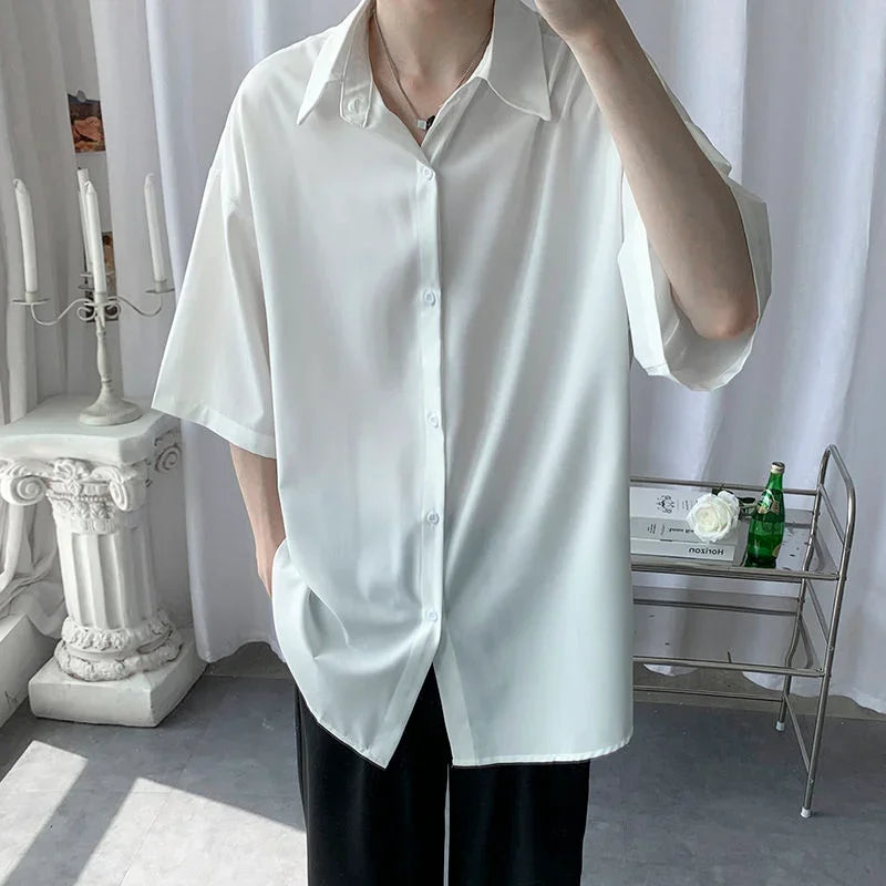 Clothes Short Sleeve Black Male Top Plain Men's Shirt And Blouse With Collar Korean Style Xxl Luxury Summer Original Silk Luxury