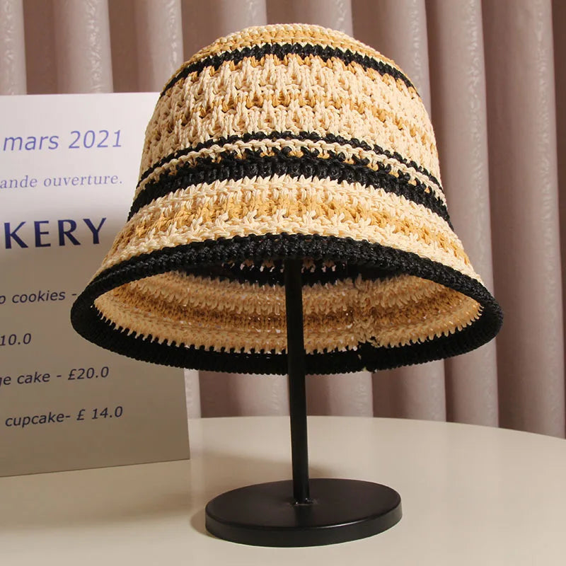 Summer Hollow Knitted Hollow Fisherman Caps Sun Protection Straw Bucket Hat Breathable Crochet Beach Cap Wide Brim Sun Hat