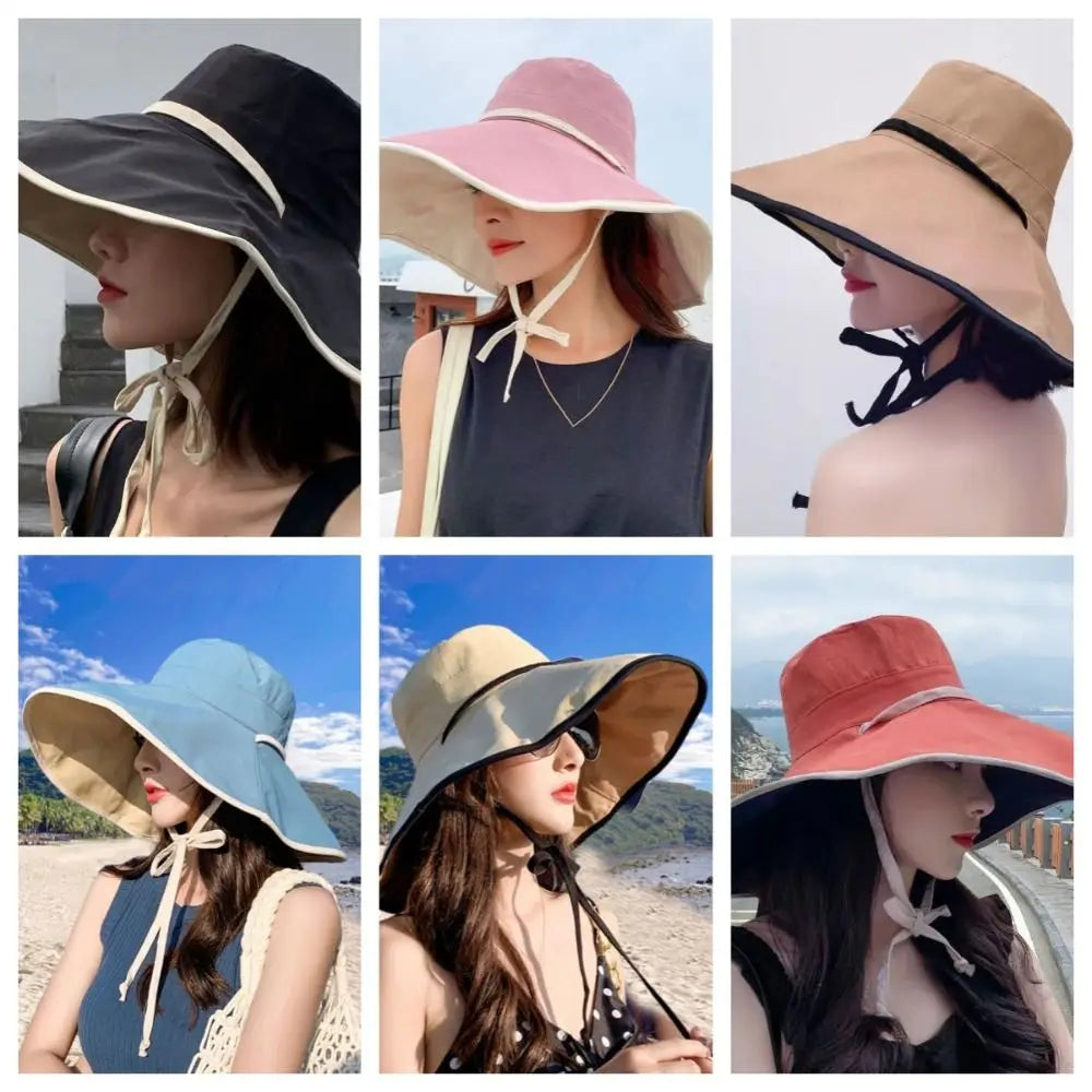 Solid Color Wide Brim Sun Hat Korean Style Anti-UV Sun Protection Hat Fisherman Hat with Neck Rope Women Bucket Hat Ladies