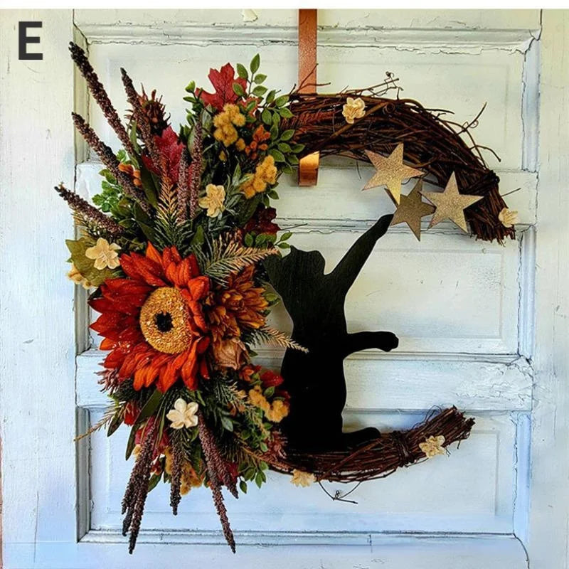 Halloween Moon Cat Garland with Rose Black Decorations Halloween Garland Halloween Wreath for Front Door Halloween Door Decor