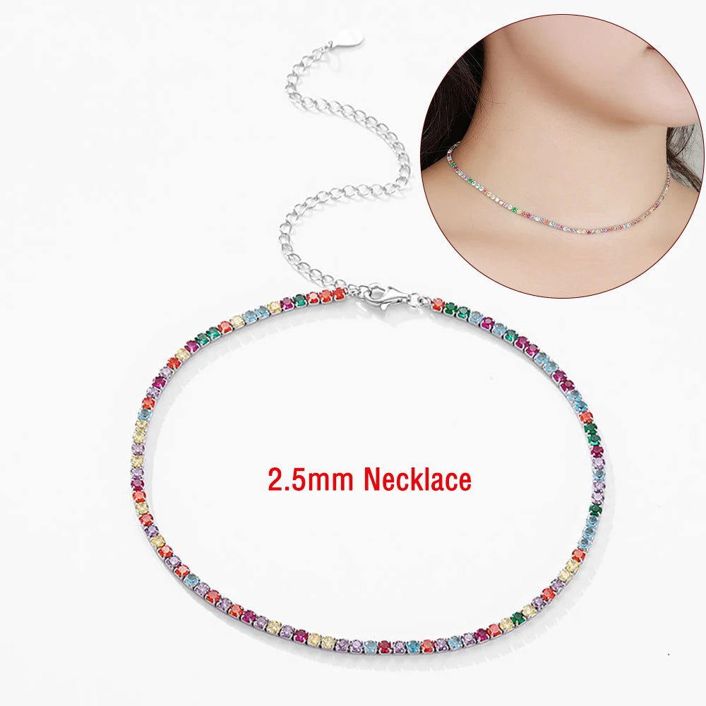 2.5/3mm Round Rainbow Tennis Necklace Bracelet for Women S925 Silver Colorful High Carbon Diamond Clavicle Choker Fine Jewelry