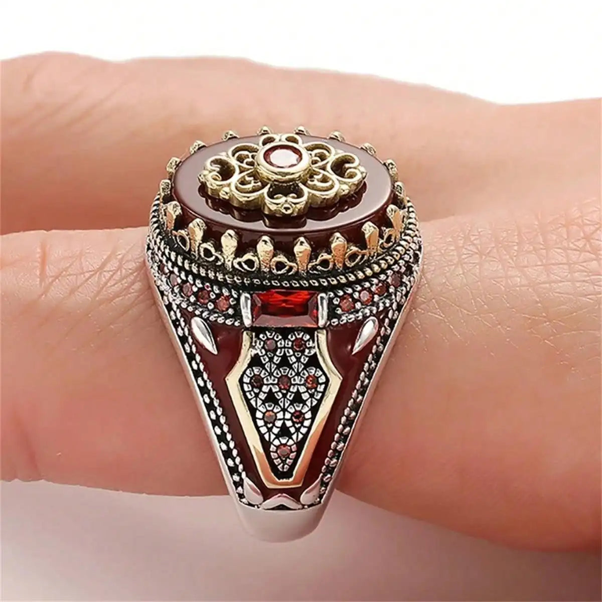 Retro Turkish Handmade Men Crown Rings Vintage Carved Eagle Pattern Red Zircon Stone Rings Rock Punk Muslim Wedding Band Jewelry