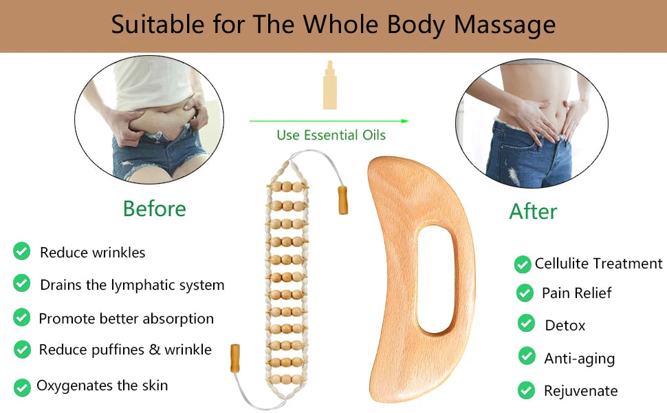 Wood Therapy Massage Tools Handmade Wood Back Massage Roller Rope Tool, Maderoterapia Kit Body Sculpting Tools for Relax Muscles