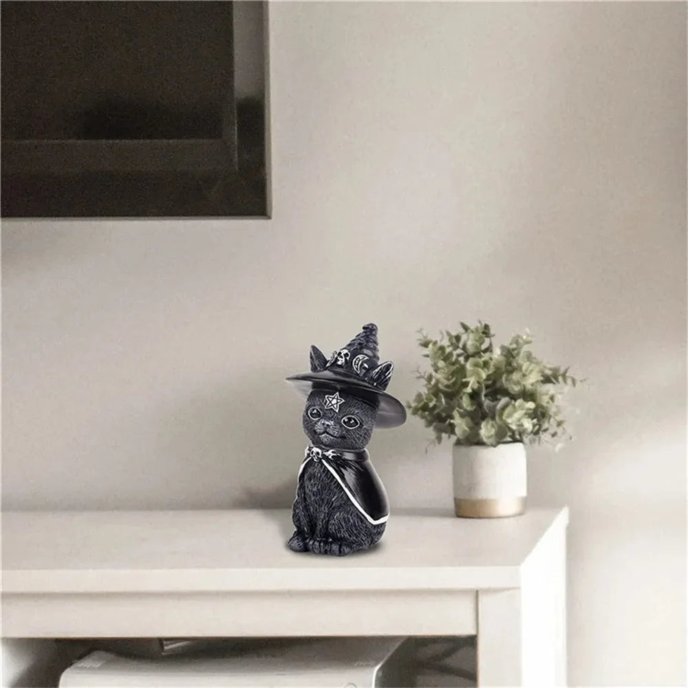 1PC Black Cat Statue Witch Gothic Decor Hand Painted Sculpture Halloween Desk Ornament Mysterious Cute Figurine Home Decor