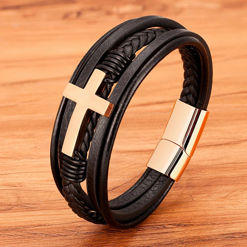 Men's Cross Bracelets Luxury Design Stainless Steel Bangles Classic Leather Bracelet Men Accessories Wrist Band Male Gift