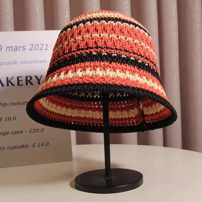 Summer Hollow Knitted Hollow Fisherman Caps Sun Protection Straw Bucket Hat Breathable Crochet Beach Cap Wide Brim Sun Hat