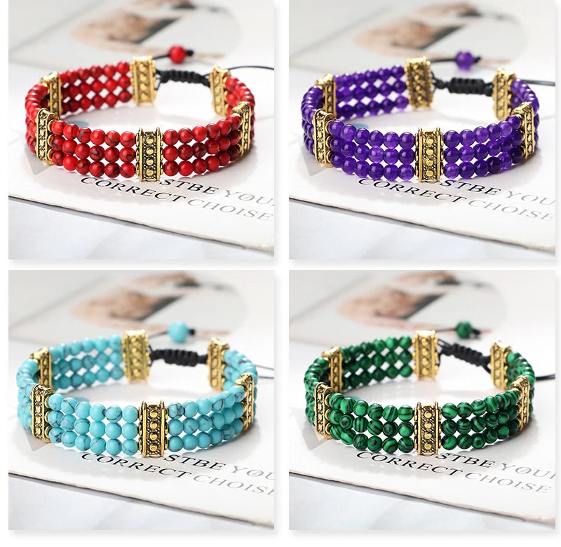 Natural Stone Beads Bracelet 4mm Malachite Black Lava Yoga Energy Hot Couple For Women Men Jewelry Braided Rope Knot Bangle Gift