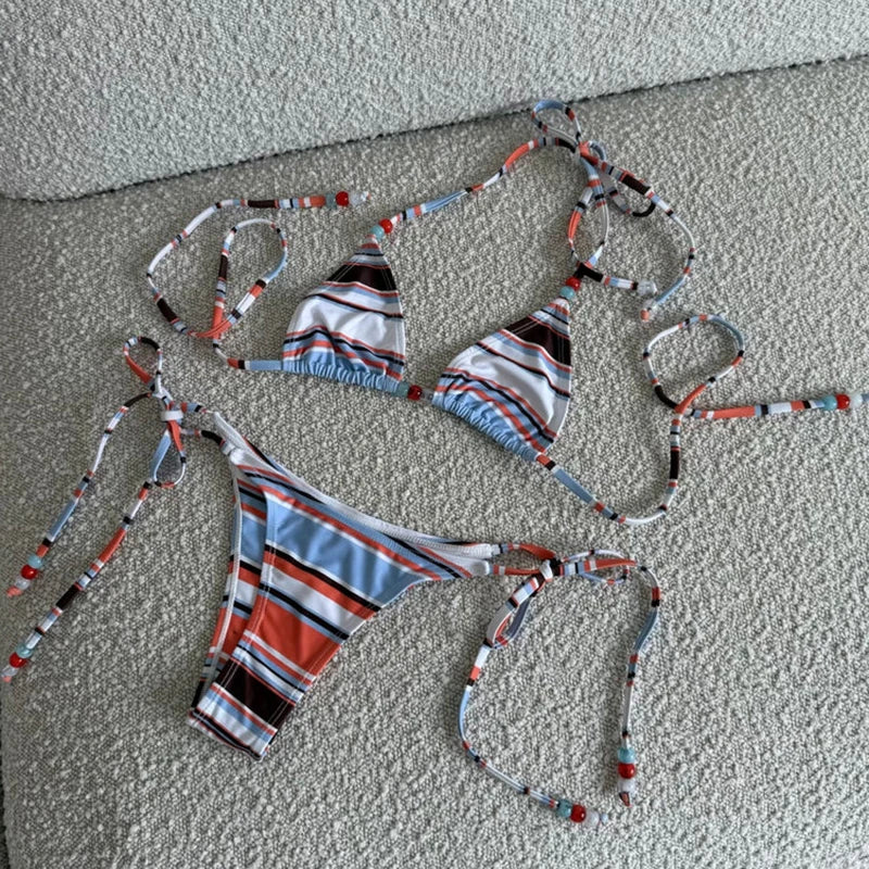 2025 Halter Bikinis Women Swimsuit New Sexy Swimwear Stripe Print Brazilian Bikini Set Micro Biquini Female Cute Beachwear