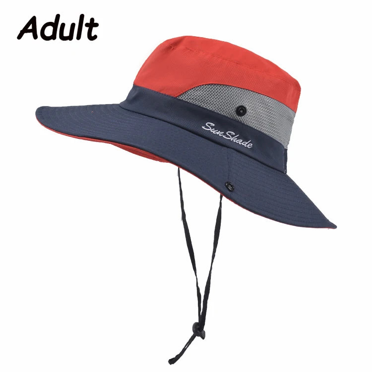 Women Summer Adjustable Bucket Hat with a Ponytail Hole Girls Sun Protection Hiking Cap Parent-child Outdoor Wide Brim Headgear