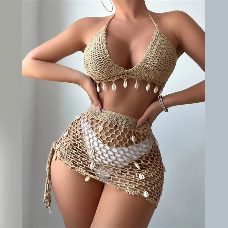 Women's 2 Piece Crochet Swimsuit Halter Bikinis Top and Cover Up Beach Skirt Set