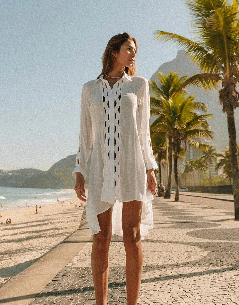 2024 Crochet White Knitted Beach Cover Up Dress Tunic Long Pareos Bikinis Cover Ups Swim Cover Up Robe Plage Beachwear