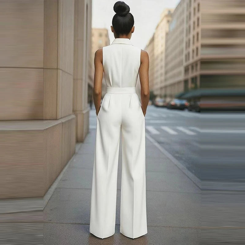 Temperament Tie-Up Solid Color Party Jumpsuit Elegant Sleeveless Pocket Straight Playsuit Fashion Lapel Button Waist Long Romper