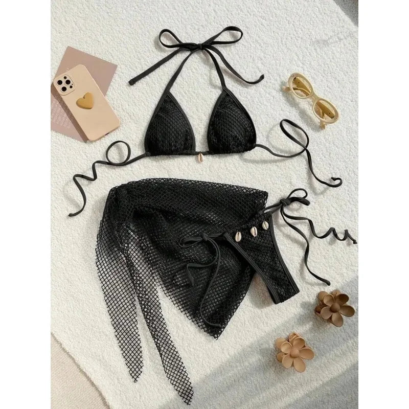 Sexy Bikinis Swimsuits Women 3 Piece Spliced Triangle Halter Backless Bikini Set Bandage Cover Up 2025 New Vacation Beachwear