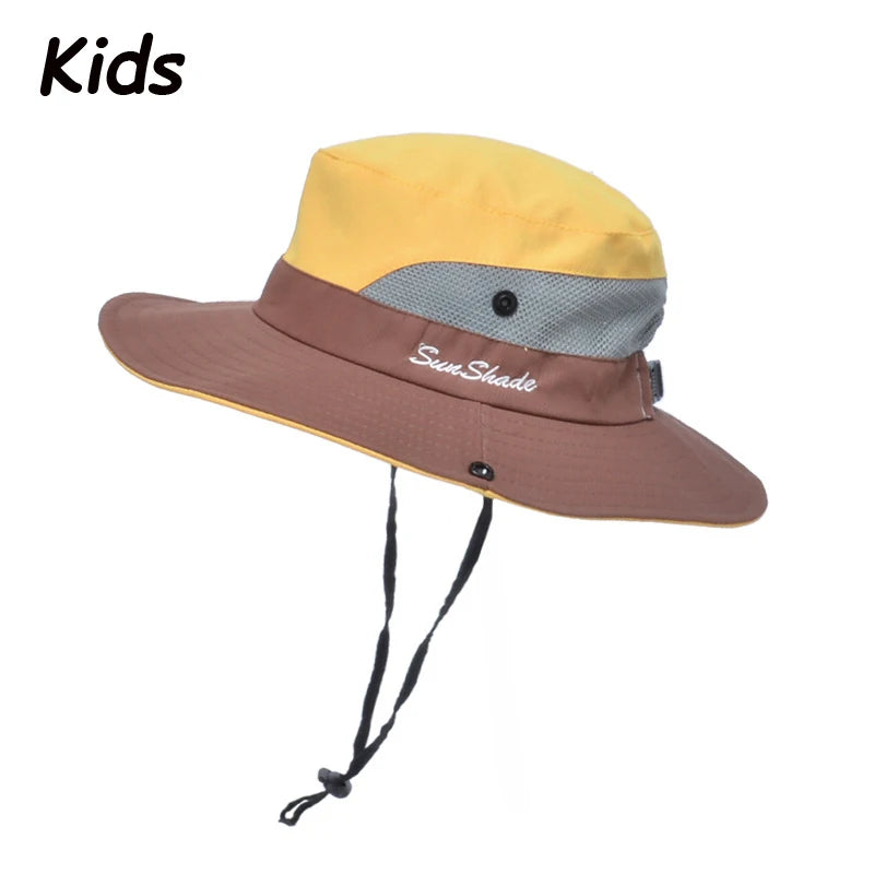 Women Summer Adjustable Bucket Hat with a Ponytail Hole Girls Sun Protection Hiking Cap Parent-child Outdoor Wide Brim Headgear