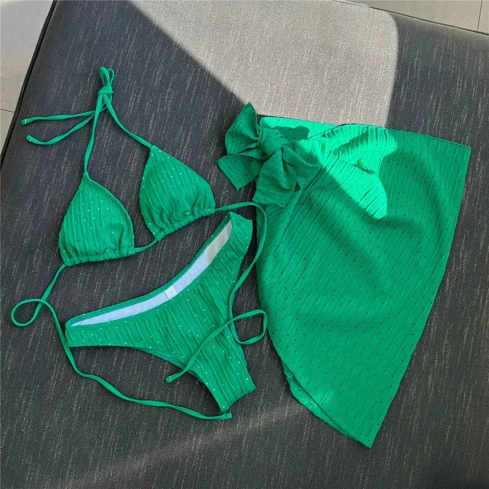 White Swimwear with Cover Up Halter Micro Thong 3 Piece Bikini Set Women Textured Swimsuit String Bathing Suit Bikinis Beachwear