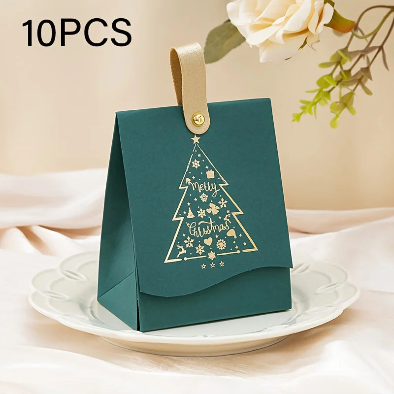 10pcs Christmas gift boxes - with leather handles, festive Christmas tree design, suitable for cookies, Christmas decorations