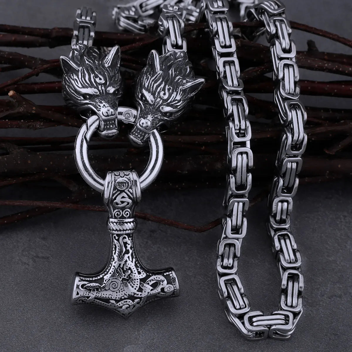 Men's Stainless Steel Viking Celtic Wolf Amulet Thor's Hammer Necklace Set Retro Trend Jewelry Accessories Gift