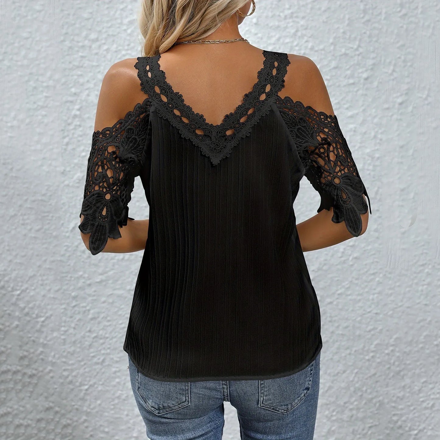 T Shirt for Women Trendy Women's Solid Color Sexy Lace Hollow Out Tops Embroidery Off Shoulder Slim Fit Shirts for Women