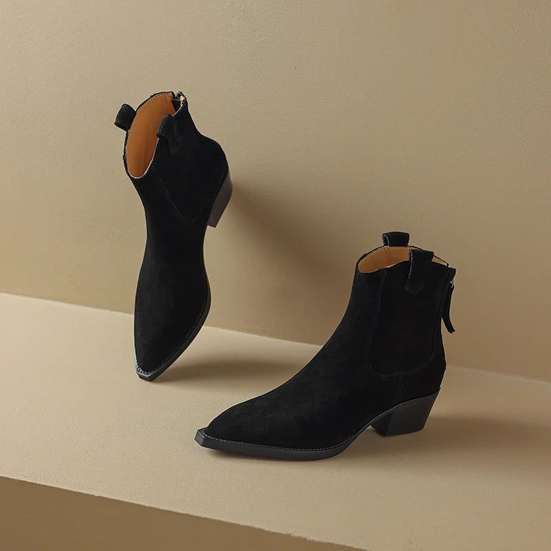 2025 Autumn Winter Trend Cow Suede Women Western Boots Black Brown Khaki Purple Green Burgundy Pointed Toe Ladies Ankle Boots