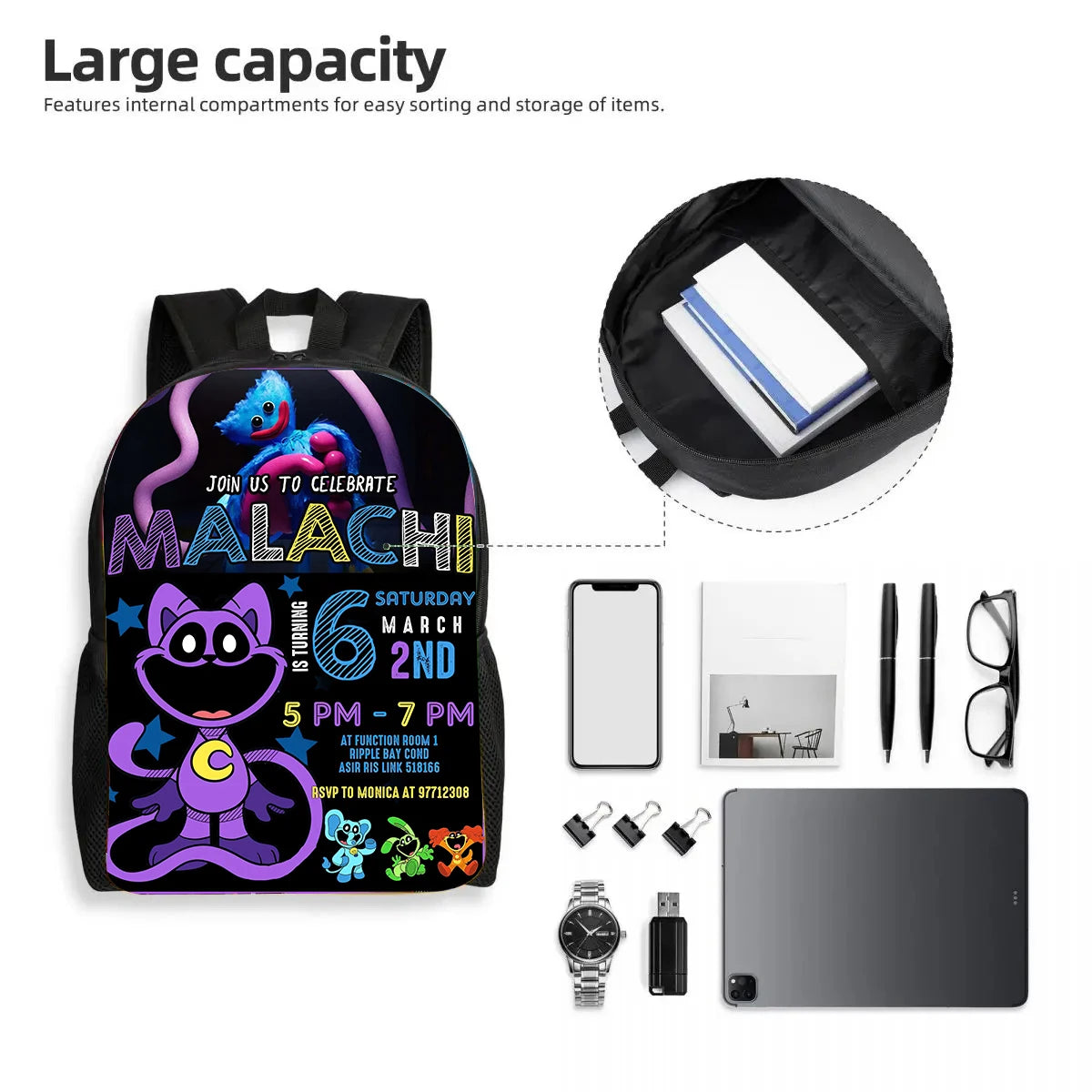 3pcs Set Smiling 3D Critters School Backpack with Pencil Bag Shoulder Bags Large Capacity Cartoon Amine Game Child Backpack