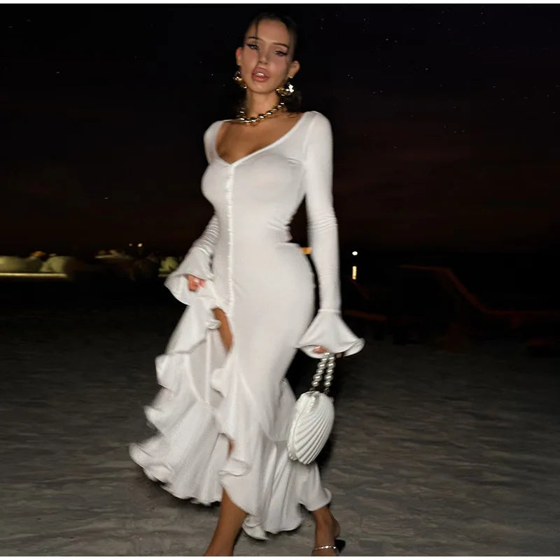 Flounce Solid Color Slim Dress Woman Single Breasted Deep V-Neck Flared Sleeve Irregular Hem Dresses Elegant Women's Slit Dress