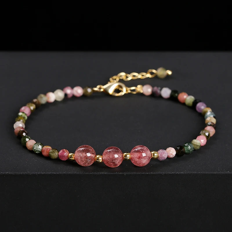 JD Natural Stone Faceted Rainbow Tourmaline Strawberry Quartz Bracelet Women Luxury Thin Adjustable Reiki Healing String Jewelry