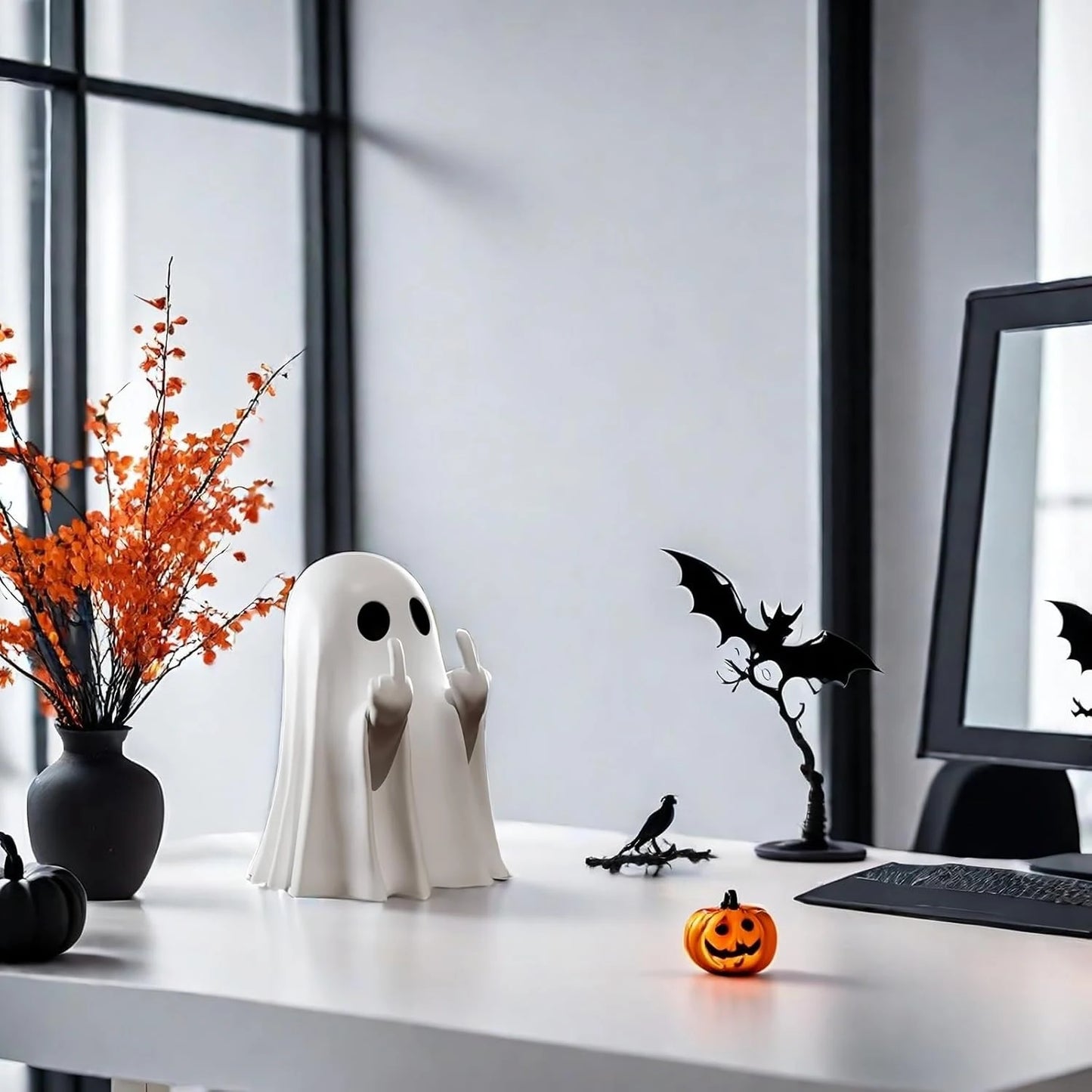 Halloween Ghost Figurine - Spooky vinyl Ghost Statue, Cute Finger Ghost Ornaments, Perfect for Indoor & Porch Halloween Decor