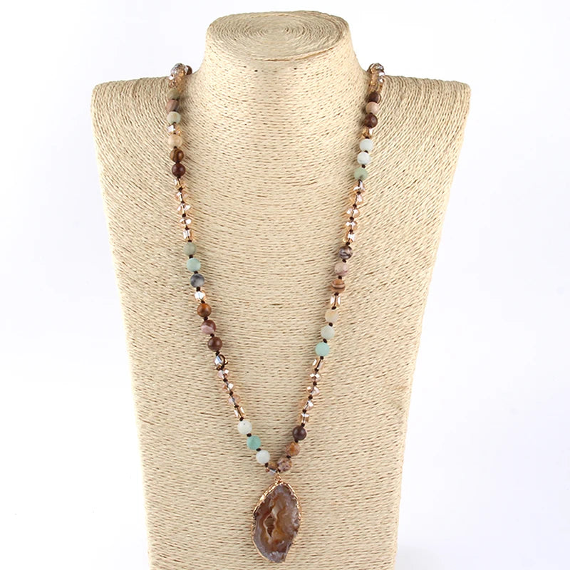 Fashion Bohemian Tribal Jewelry Crystal / Stone Long Knotted Irregular Druzy Stone Pendant Necklaces For Women