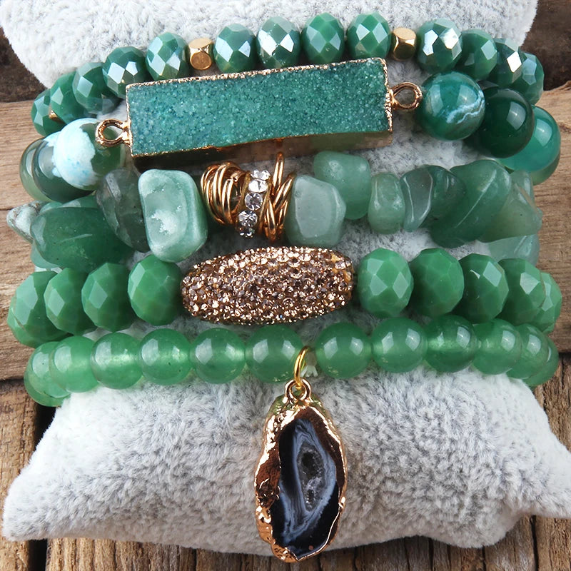 Fashion Designer Gemstone Crystal Glass Beaded Bracelet Sets Druzy Charm 5pc Stack Bracelet Bracelets Set For Women Jewelry Gift