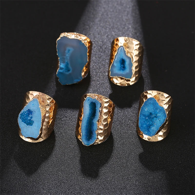 Irregular Geode Stone Agate Slices Wide Open Ring for Women Boho Resizable Finger Jewelry