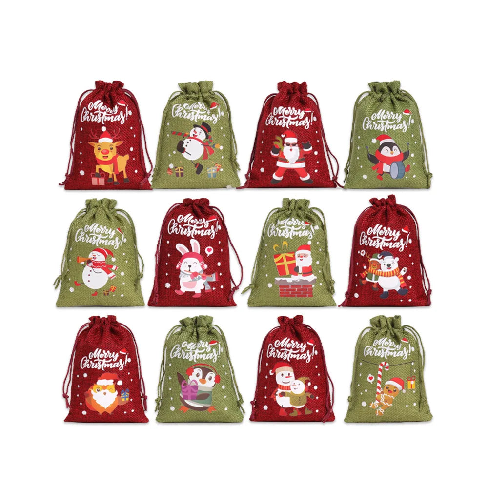 12 Pieces Christmas Gift Bags with Drawstring Christmas Linen Bags for Advent Calendar Fabric Bag Cookie Candy Pouch