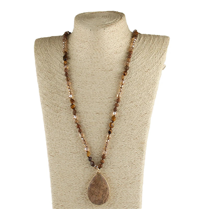 Fashion Bohemian Jewelry Accessory 6mm Stone/Glass Knotted Stone Drop Pendant Necklaces Women Beaded Necklace
