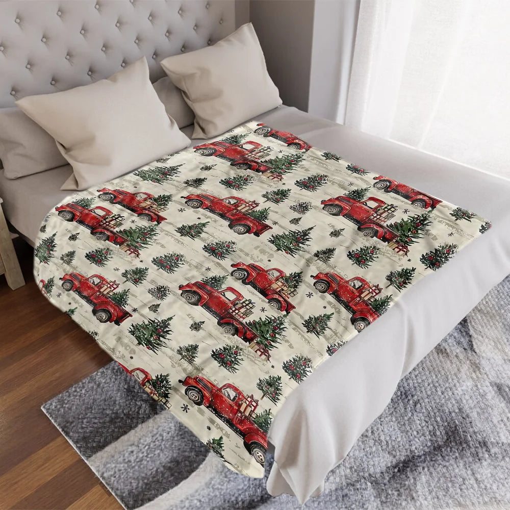 Festive Vintage Red Trucks Christmas Throw Blanket - Classic Trucks & Trees Design, Suitable for Sofa, Bedroom, Christmas Gift