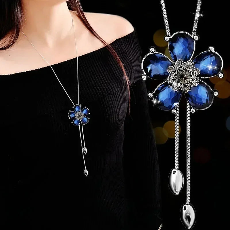 2024 Flower Long Necklaces for Women Fashion Crystal Choker Collier Femme Statement Necklaces&Pendants Accessories