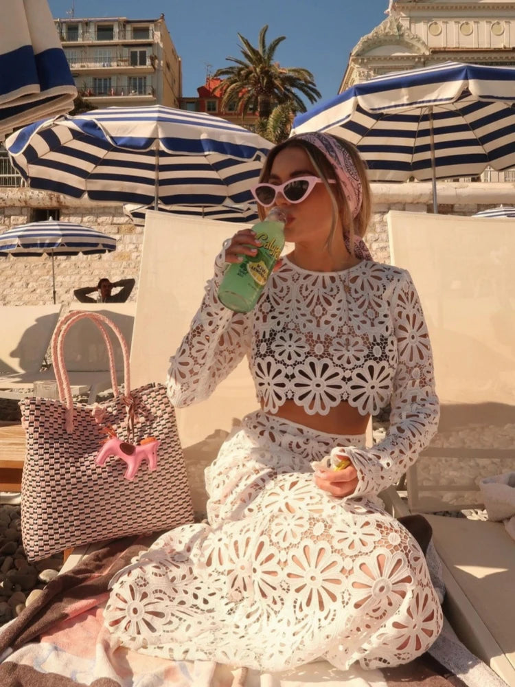 White Elegant Embroidery Hollow Out Beach Dresses Set Sexy See Though Crop Tops Long Skirts Women Sets Summer Women Outfits