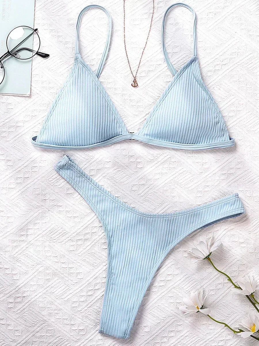 Bandeau Tanga Bikinis Ribbed Bikini 2025 Sexy High Cut Bikini Set Brazilian Swimsuit Thong Swimwear Women Girls Swimming Suit